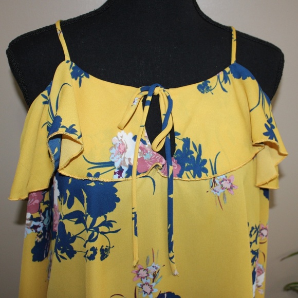 Papaya mustard open shoulder floral blouse - Picture 3 of 7